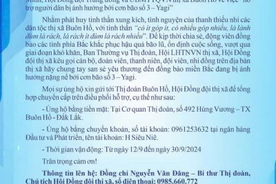 ??????Thư kêu gọi cán bộ, Đoàn viên, thanh niên, Đội viên, thiếu nhi trên địa bàn thị xã Buôn Hồ chung tay hỗ trợ đồng bào miền Bắc bị ảnh hưởng nặng nề bởi cơn bão số 3 – Yagi. Với tinh thần “lá lành đùm lá rách, lá rách ít đùm lá rách nhiều” Liên đội Y Jút rất mong CBGVVNV, phụ huynh và các em học sinh cùng chung tay hỗ trợ để người dân miền Bắc sớm trở lại ổn định cuộc sống.
