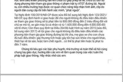 Sáng ngày 18/11/2024 Liên đội kết hợp với Nhà trường, công an giao thông tuyên truyền bài viết “Giao xe cho người chưa đủ tuổi điều khiển và những hệ lụy phía sau” kèm file tới toàn thể CBGVCNV và HS toàn trường. Và cũng trong buổi sáng trao giấy khen và phần thưởng đến các lớp đạt giải văn nghệ chào mừng ngày nhà giáo Việt Nam 20/11